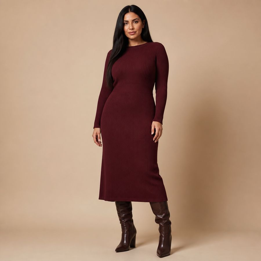 Merlot Rib-Knit Midi Dress